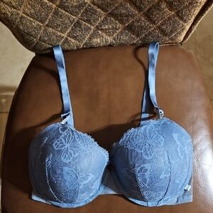 Victoria's Secret Lined Demi T-Shirt Underwire Blue Butterfly Lace Bra Padded